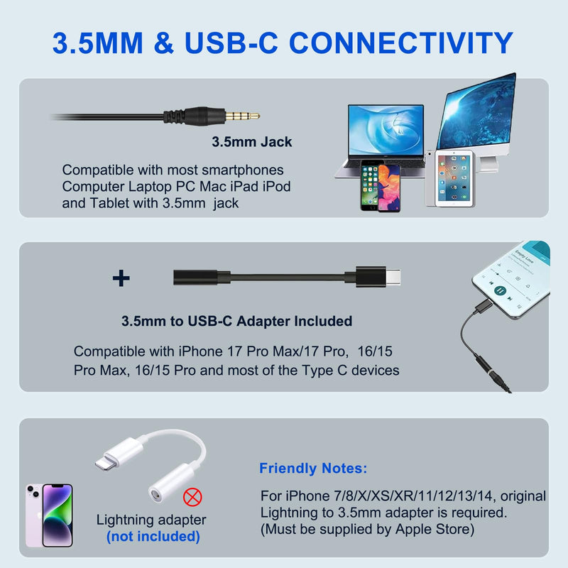 Callez Computer Headset, 3.5mm Cell Phone Headset with Mic Noise Cancelling, USB-C Wired Headphone for PC Laptop Mac iPhone Samsung Zoom Teams Call Center Home Office Work, in-line Controls Black