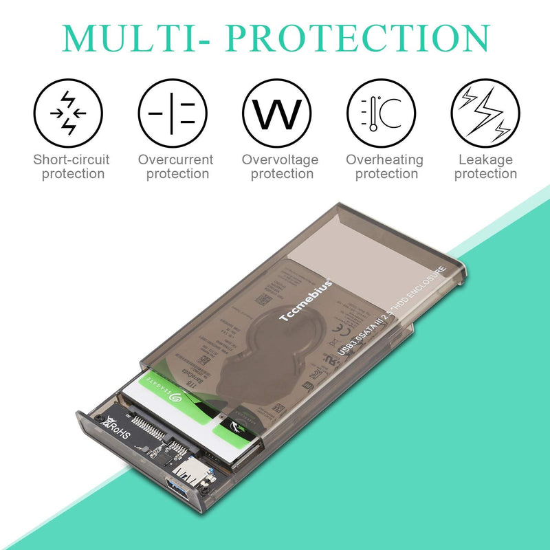 Tccmebius External Hard Drive Enclosure Adapter USB 3.0 to SATA HDD Case Housing for 2.5 Inch 9.5mm 7mm SATA III HDD SSD Up to 2TB, Tool-Free, Support UASP & Automatic Sleep Function (TCC-S9)