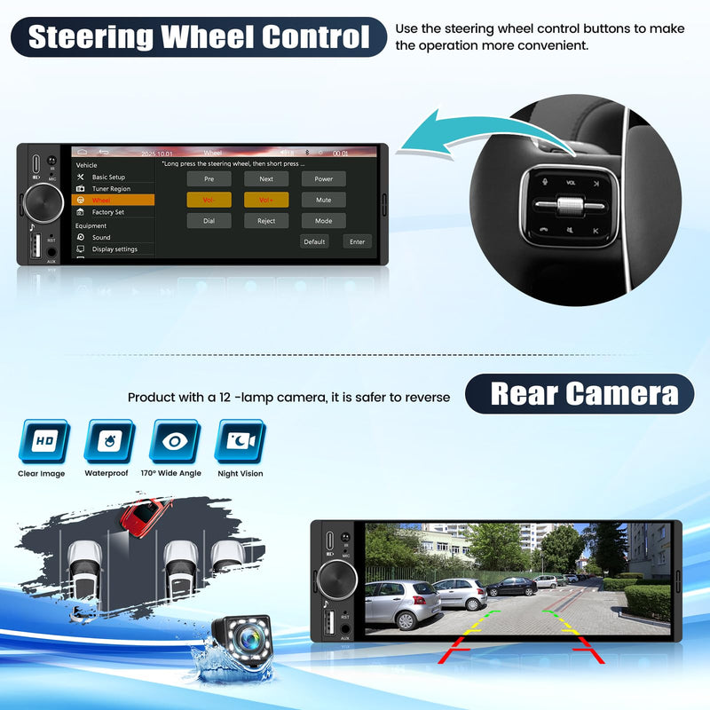 Single Din Car Stereo Radio with Wireless Carplay&Android Auto,6.28 Inch 1 Din Touchscreen Car Radio with Bluetooth FM Radio Mirror Link for iOS/Android USB/Type-C SWC Car Multimedia Player 6.28 Inch with Carplay