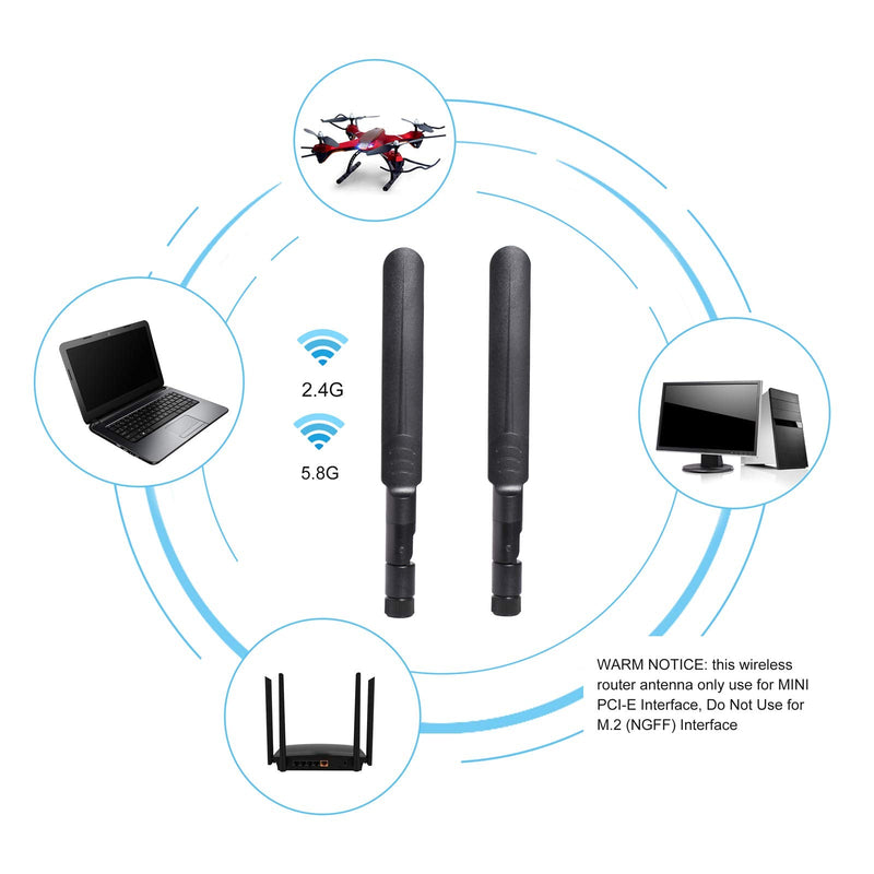 2 x 8dBi WiFi RP-SMA Male Antenna 2.4GHz 5.8GHz Dual Band | 2 x 15CM U.FL/IPEX to RP-SMA Female Pigtail Cable for Mini PCIe Card Wireless Routers, Repeater, FPV UAV Drone and PS4 Build