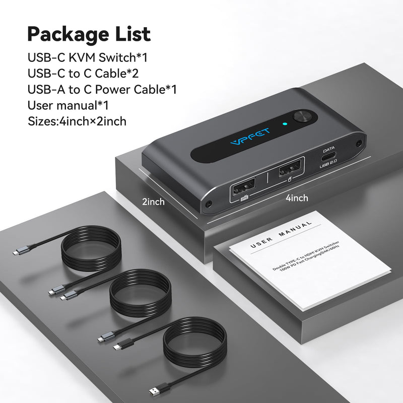 USB C KVM Switch 1 Monitors 2 Laptop 4K@60Hz HDMI KVM Switch 2 Port Share 1 Monitor Keyboard Mouse Hard Drives Printer Support 100W Charging for Laptop Gray