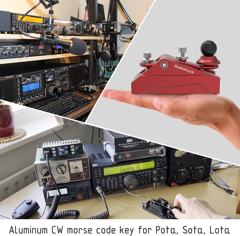 CW Telegraphy Key Auto Morse - Radio HAM Send Telegram Key Lambic Single Paddle Transmission Morse Code Key with Aluminum Alloy Body Base (Red) Red