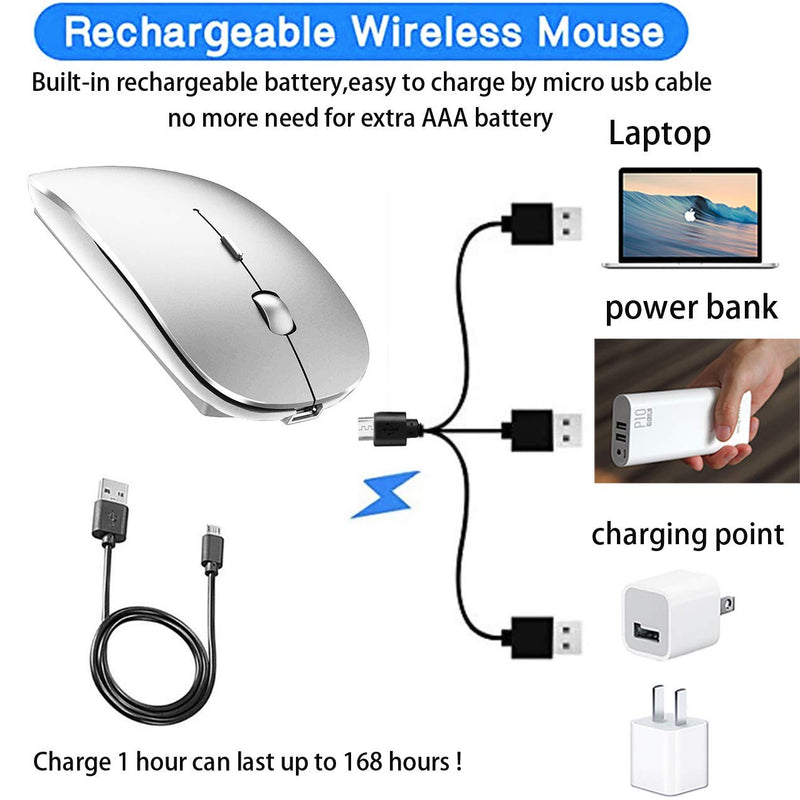 Rechargeable Bluetooth Mouse for Laptop iPad Pro iPad Air MacBook Pro MacBook Air Wireless Mouse for Laptop Mac MacBook Chromebook Win8/10 silver
