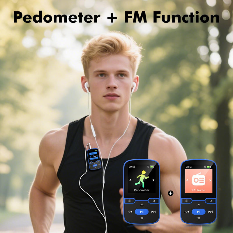 [AUSTRALIA] - 64GB MP3 Player with Clip Bluetooth 5.3 Portable Music Player for Kids with FM Radio, Pedometer, Voice Recorder, Shuffle and Repeat, Weighs Only 28g for Sport and Running, TF Card Up to 128G(Blue) Blue 64GB 