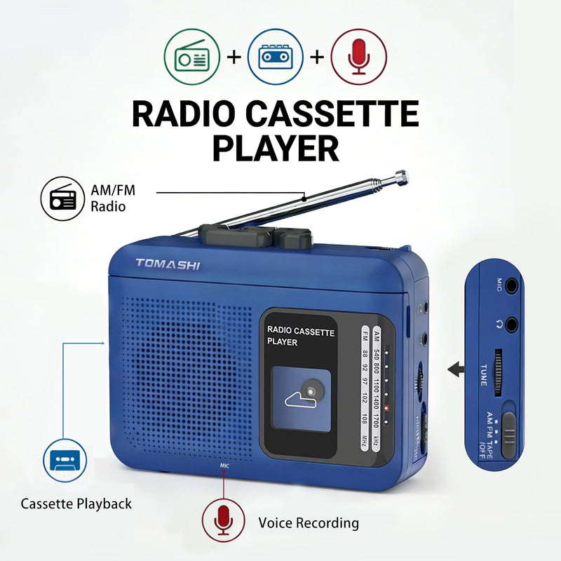 [AUSTRALIA] - Portable Cassette Tape Player Recorder with AM/FM Radio, Built-in Speaker & Microphone, 3.5mm Headphone Jack, Walkman Style, USB/Battery Powered, Retro Blue 