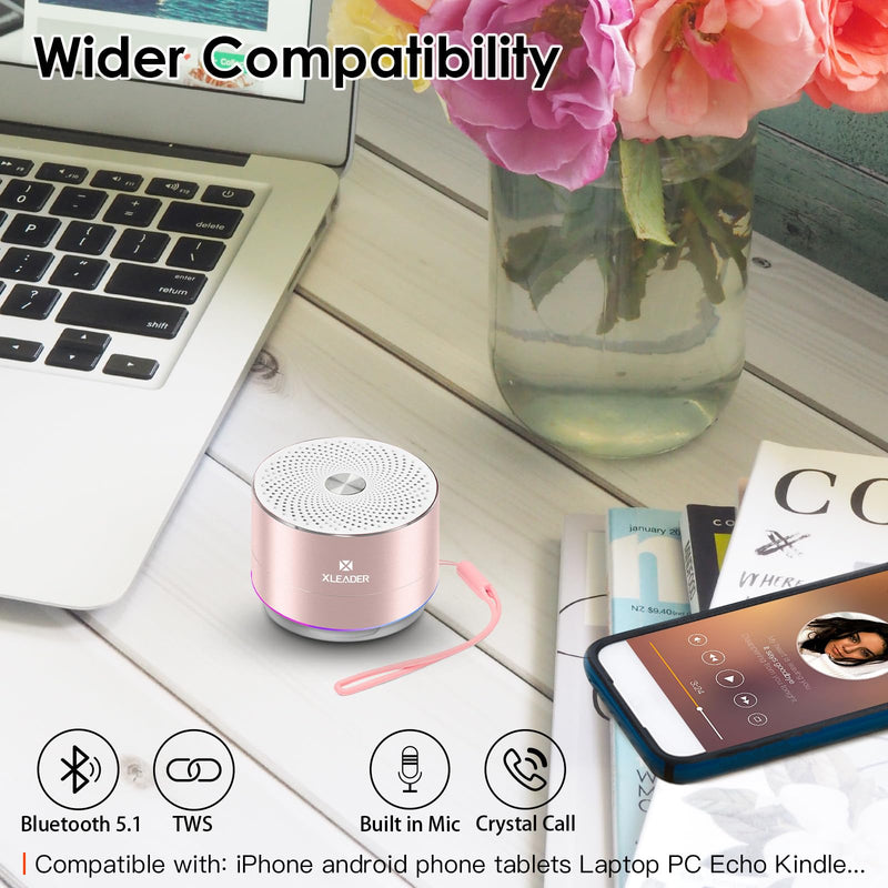 [AUSTRALIA] - Mini Bluetooth Shower Speaker, IPX6 Waterproof Speaker, with RGB Lights, Mic, Portable Silicone Lanyard, Suction Cup, Clear Sound&Rich Bass, 12h Playtime, Small Pink Gifts for Girls Women Pink Rose Gold 