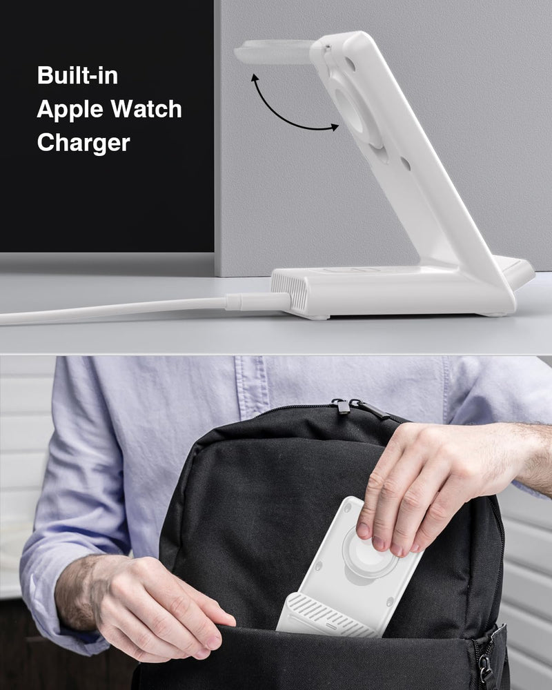 Wireless Charging Station,3 in 1 Wireless Charging Stand Made for Apple Watch Ultra 9 8 7 6 SE 5 4 3,Fast Wireless Charger Made for iPhone 15/Plus/Pro Max/14/13/12/11/X,for AirPods Pro(with Adapter) White