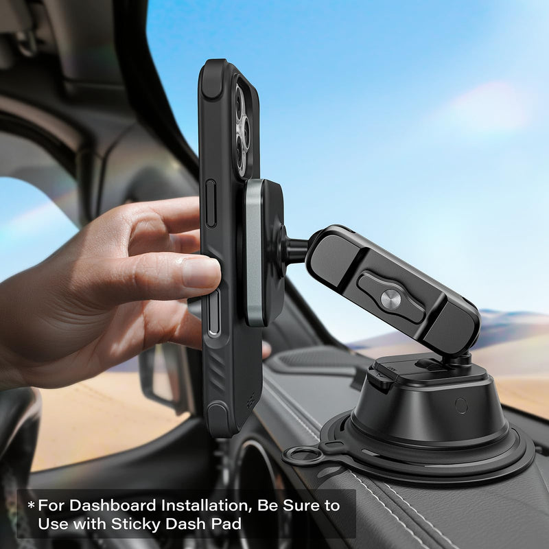 APPS2Car Heavy-Duty Vacuum Suction Phone Mount for Car Windshield Dashboard | Industrial 20x N55 Magnet, Alloy Arm, Ultra-Stable Suction Cup Magnetic Phone Holder for iPhone MagSafe/Samsung/Android
