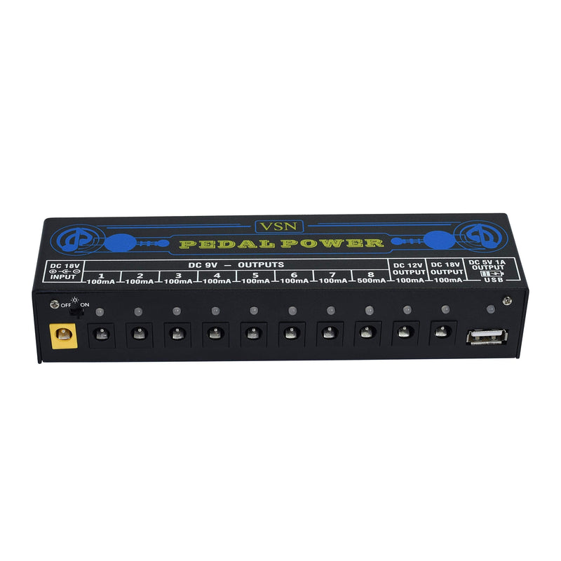 VSN Guitar Pedal Power Supply 10 Isolated DC Output for 9V/12V/18V Guitar Bass Effect Pedals with USB Ports Blue Power Supply