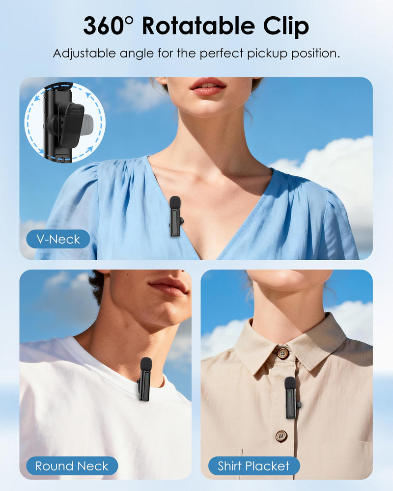 Wireless Mini Microphone for iPhone, iPad, Android, 2 Pack Lavalier Mic with 360° Rotatable Clip, Plug and Play Noise Reduction USB-C Mic for Video Recording YouTube TikTok Podcast Content Creators Black