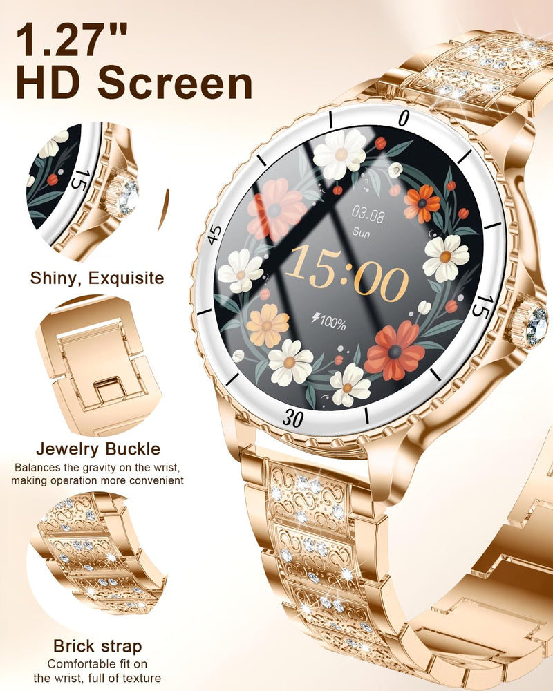 Smart Watches for Women(Answer/Make Call) with Diamond, 1.27" HD Bluetooth Smartwatch for Android iOS Phones, IP68 Fitness Tracker with Heart Rate SpO2 Sleep Monitor, 120+ Sport, Rosegold Rose Gold