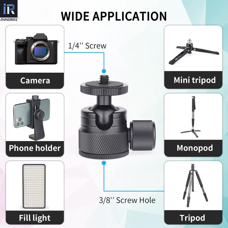 Mini Ball Head-INNOREL C19 Mount Tripod Head-CNC Metal Low Profile Ballhead 360° Pan 90° Tilt Tripods Mount with 3/8" to 1/4" Adapter Ballheads, Max Load 6.61 lb/3kg for Phone/DLSR Camera/Mini Holder
