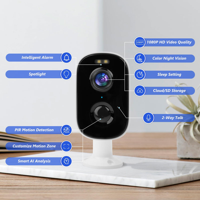 1080P Security WiFi Cameras for Home Security, Wireless Outdoor with Motion Detection, Spotlight/Siren Alarm, Color Night Vision, 2-Way Talk, Waterproof SD/Cloud Storage Battery Powered White