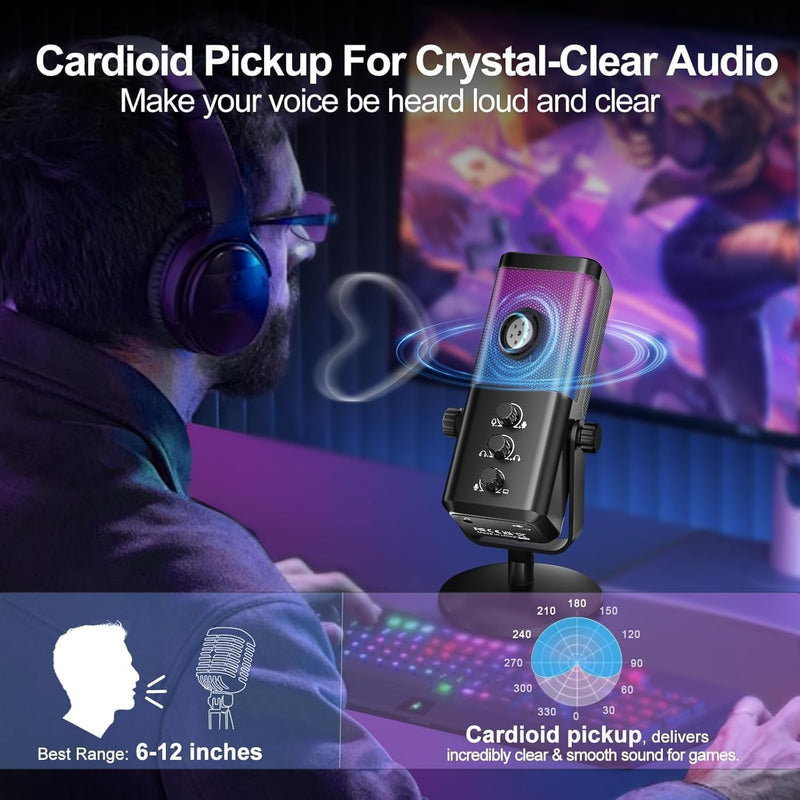 USB Gaming Microphone with Game Chat Balance, RGB Condenser Mic with Noise Cancellation, Quick Mute & Monitoring, for Streaming/Discord/Twitch/Podcast/Videos/ASMR, for PC/Computer/PS4/PS5/Mac