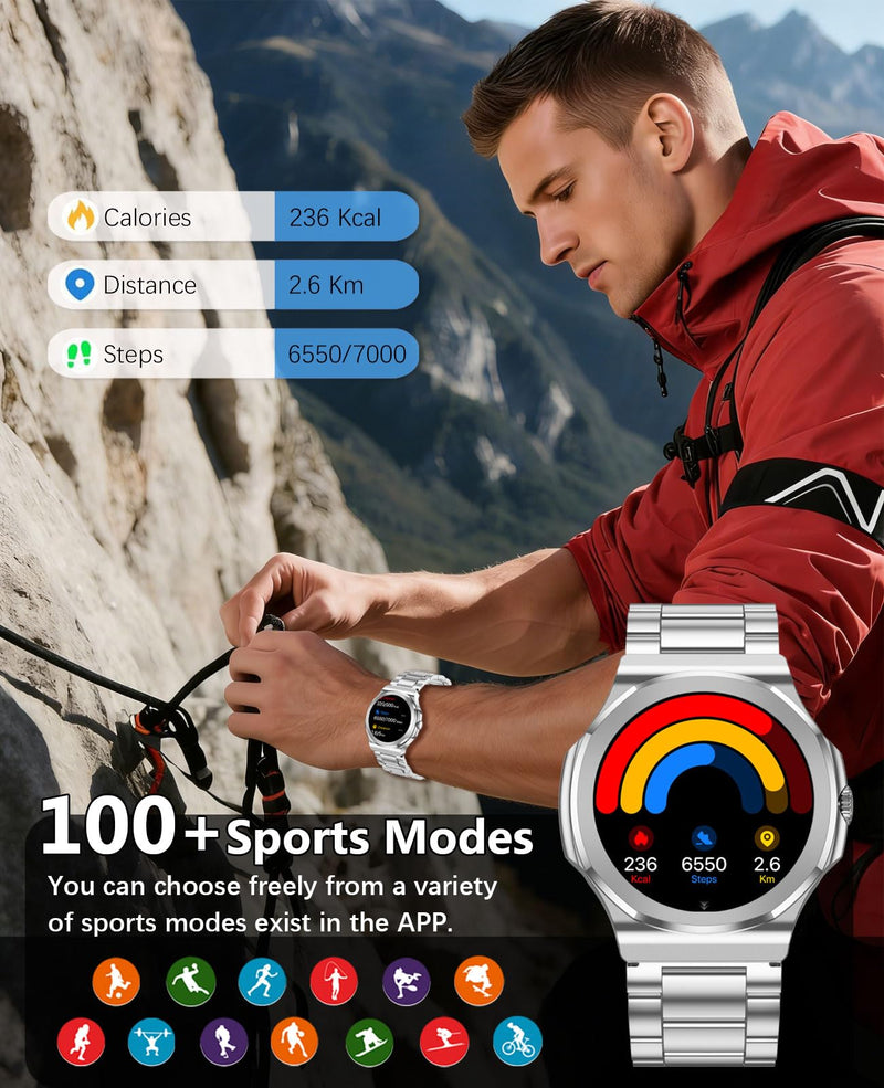 Smart Watch for Men Women Fitness Tracker 1.27" HD Touch Screen Bluetooth Call Android/iOS Compatible 24/7 Heart Rate/Sleep Monitor IP67 Waterproof Fitness Tracker (Steel Silver RT-50) Steel Silver RT-50