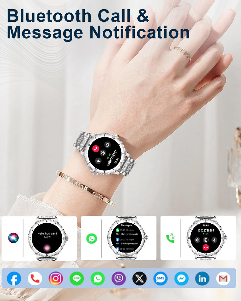 Smart Watches for Women(Answer/Make Call) with Diamond, 1.27" HD Bluetooth Smartwatch for Android iOS Phones, IP68 Fitness Tracker with Heart Rate, SpO2, Sleep Monitor, 120+ Sports, Silver