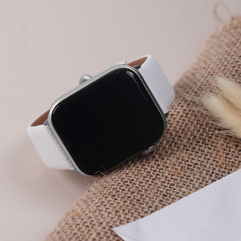 Fullmosa Compatible Meshl Apple Watch Band 38mm/40mm/41mm Silver with Case & Compatible Leather Apple Watch Band 38mm/40mm/41mm,White