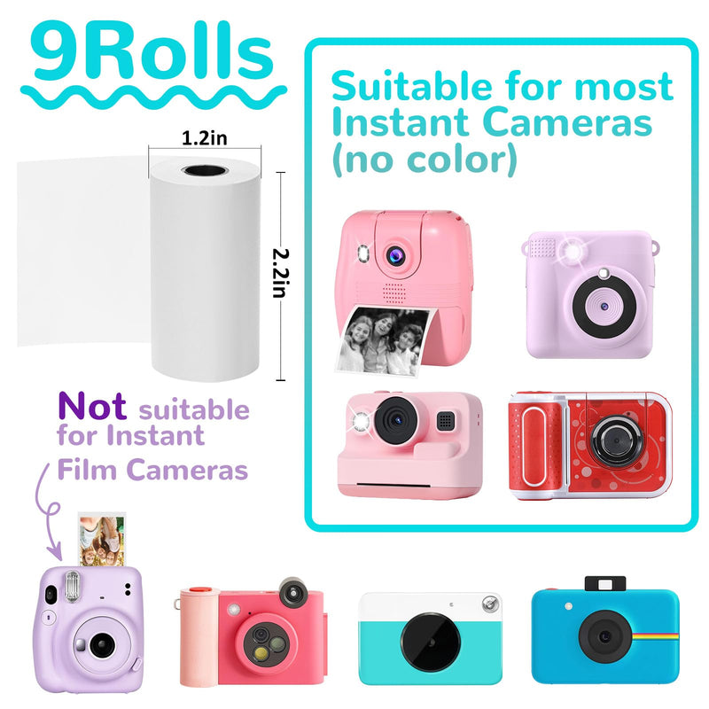 9 Rolls Kids Instant Camera Print Refill Paper- Photo Printer Thermal Paper Rolls, Compatible with Vtech Kidizoom Printcam, Instant Print Camera Refill Paper for Kid's Instant Camera Favors Supplies White