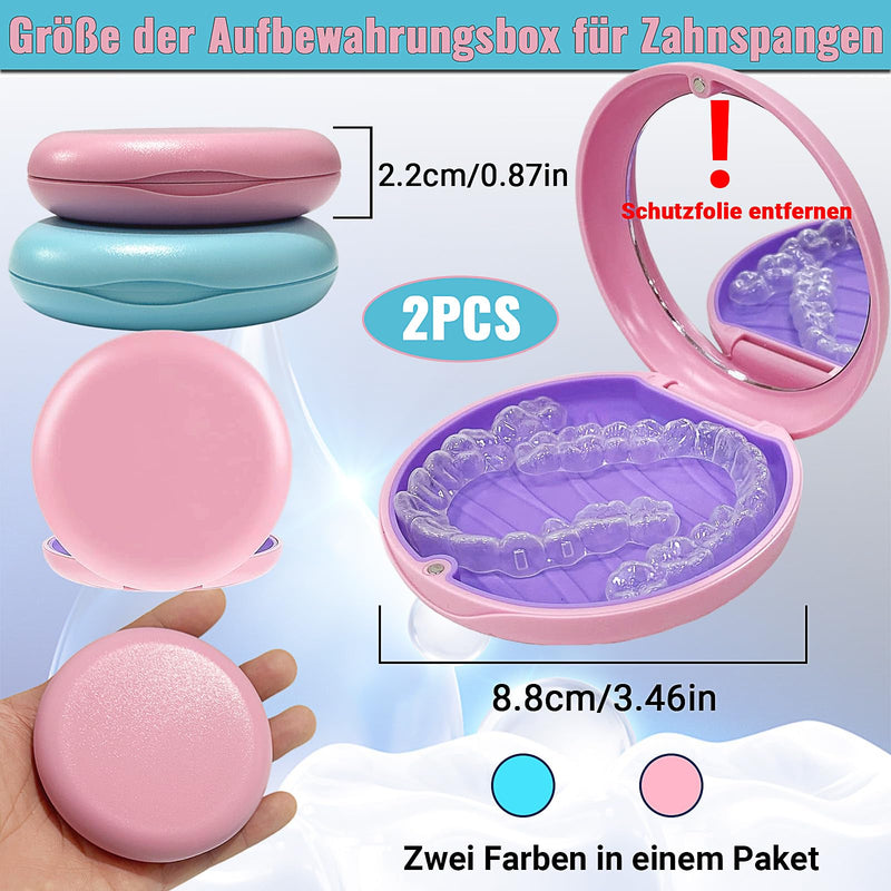 Braces Box, Pack of 2 Dentures Box with Mirror, Brace Box, Portable Dental Splint Box, Dental Container for Storing Braces and Dentures (Blue and Pink)