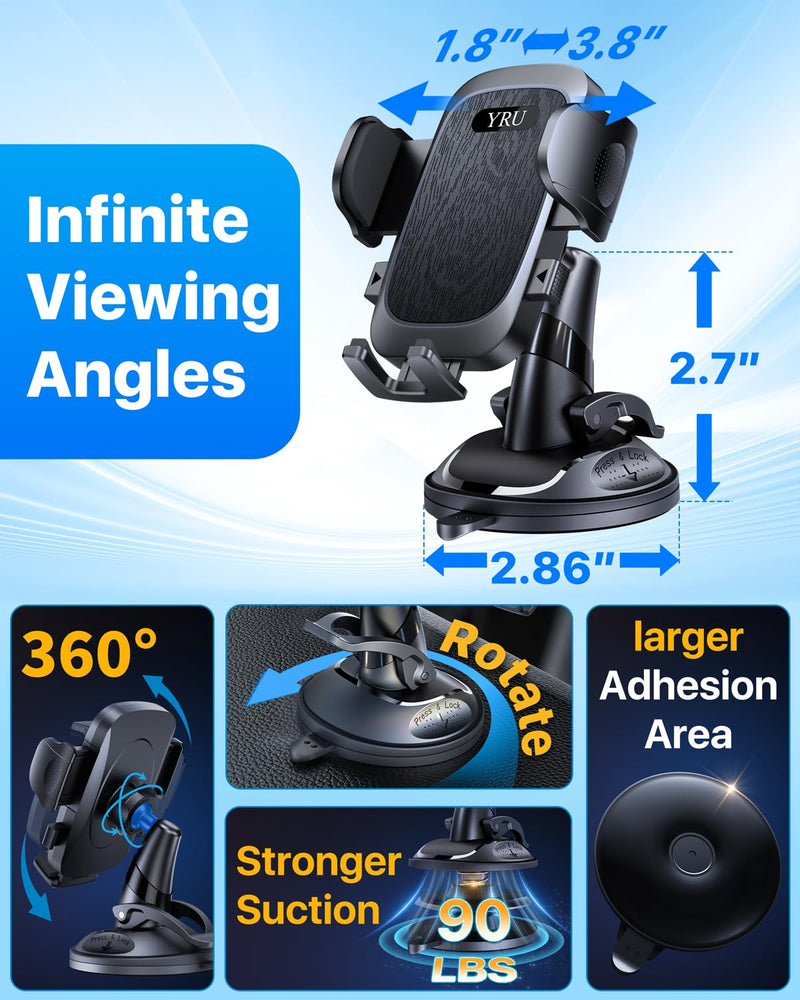 YRU 90+LBS Military-Grade Anti-Shake 2026 Upgraded Car Phone Holder Mount | Safest Strongest Patent Certs 360° Rotatable Suction Dashboard Windshield Vent for iPhone 17 16 Pro Max Samsung, Matt Black