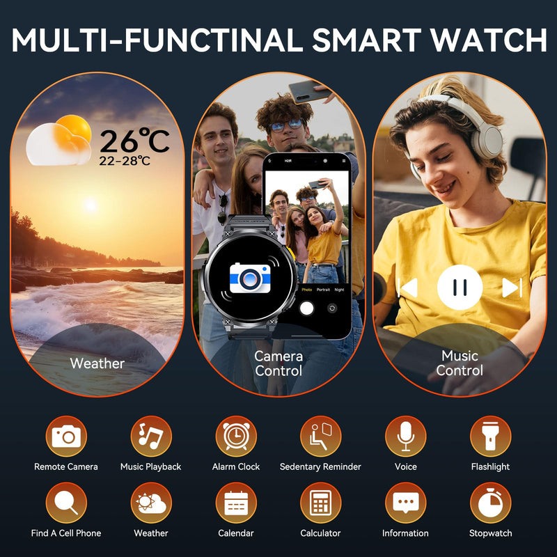 1.85” Big Screen Military Smart Watch for Men with LED Flashlight 2 Straps | Rugged Smart Watch, 730mAh Battery, 100+ Sports Modes, Fitness Watch, Heart Rate Monitor, Sleep Tracker Black Stainless Steel