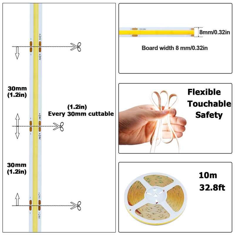 [AUSTRALIA] - 32.8ft(10M) 24V COB LED Strip Light Natural White 4000K 3840LED CRI 93+ 6800lm Uniform Glow Dotless IP20 Not Waterproof Flexible LED Tape Lights for DIY Bedroom Home Decor(No Power Supply) 10 meters 