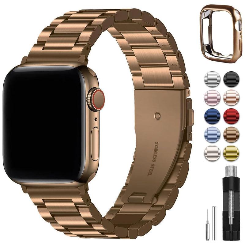 Fullmosa Compatible Stainless Steel Apple Watch Band with case 41mm/40mm/38mm Coffee Gold & Compatible Leather iWatch Band 41mm/40mm/38mm,White
