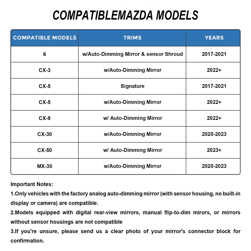 [AUSTRALIA] - Dashcam Power Adapter 10 Pin (Model A) Custom for Mazda, 6 CX3 CX5 CX5 CX9 CX30 CX50 MX30 and More with Auto-dimming Rearview Mirror, Easy to Install 10 pin (Model A) - vehicle with Auto-dimming 