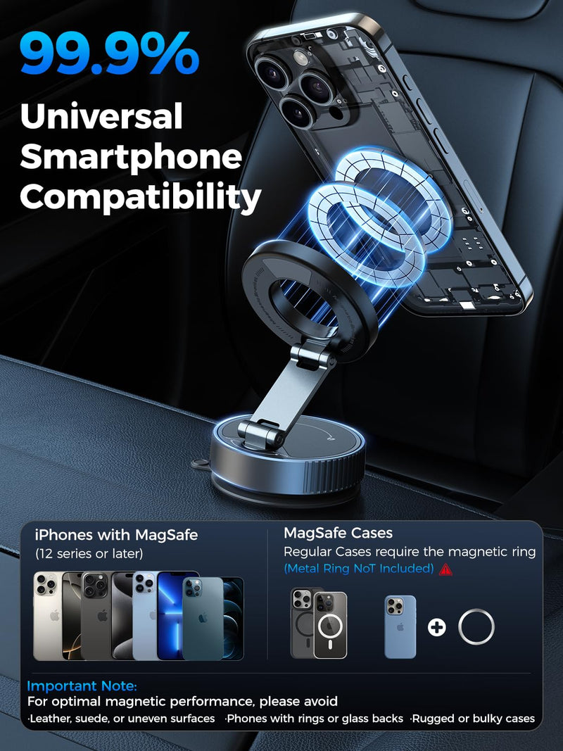 Magnetic Car Phone Holder for Magsafe, Nano Gel 360°Adjustable Vacuum Phone Holders for Your Car,[108+LBS Suction & 2800gf Magnetic] Car Phone Mount for iPhone 17/16/15/14/13/12 Series & Android 90