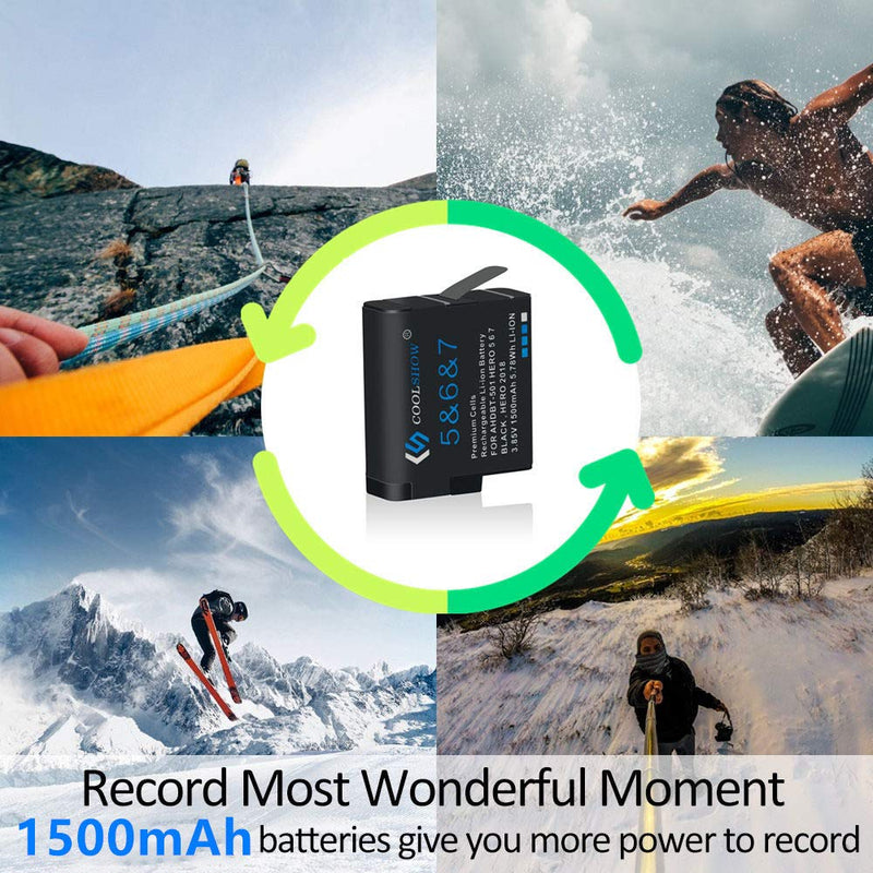 COOLSHOW Hero 7 6 5 Battery Replacement (2 Packs) and Triple HERO 7 Charger Compatible with GoPro Hero 7 Black,Hero 6 Black, Hero 5 Black, Hero 2018 and Charger Compatible with Hero 8 2xBatteries+1xCharger