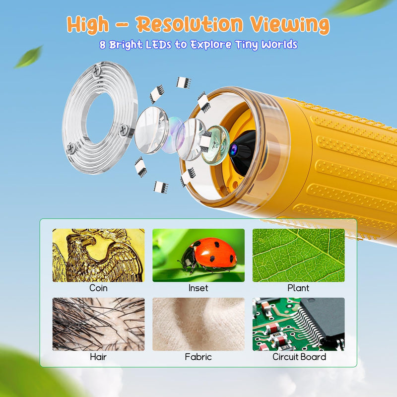 [AUSTRALIA] - SKYBASIC Digital Microscope for Kids, 2" Screen 1000X Handheld Microscope HD Pocket Portable Microscopes Camera, Science Edu Fun Birthday Gifts Toys for Ages 4-12 Children Students Boys Girls -Yellow 2"-Yellow 
