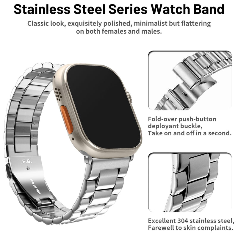 Fullmosa Compatible Stainless Steel Apple Watch Band Ultra/Ultra2 49mm Silver with Case & Compatible Leather Apple Watch Band Ultra/Ultra2 49mm,Black