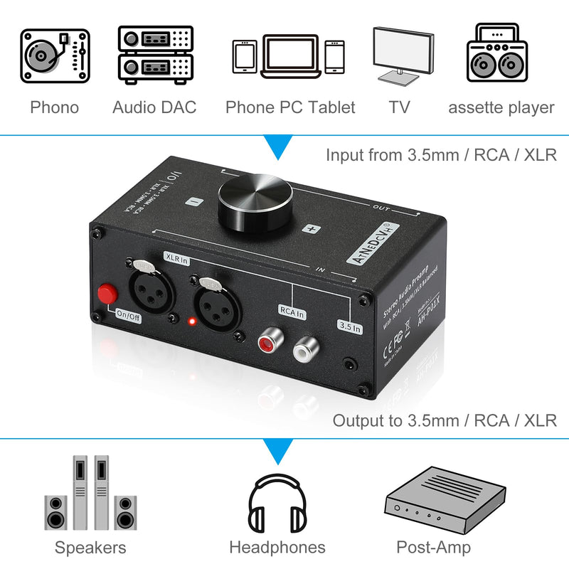 [AUSTRALIA] - Stereo Audio Preamplifier - XLR Balanced RCA 3.5mm Input to XLR Balanced RCA 3.5mm Output Converter Adapter amp - Headphone Amplifier, Gain 20dB Phono Turntable Phonograph Preamp (Black) Black 
