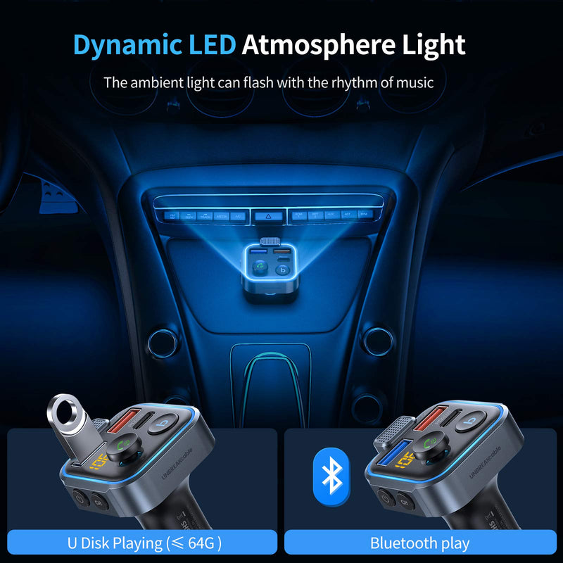 UNBREAKcable Bluetooth 5.3 FM Transmitter for Car, [PD 20W + QC 3.0] [Stronger Microphone & HiFi Bass Sound] Cigarette Lighter Radio Music Adapter Charger, Supports Hands-Free Siri Google Assistant Blue