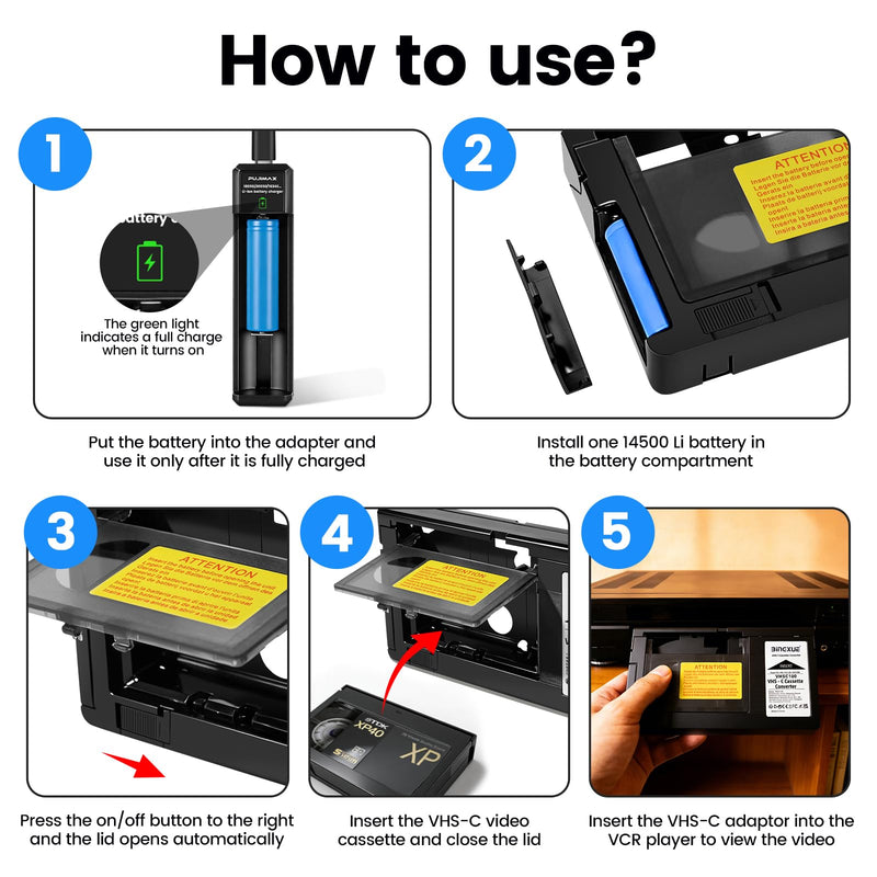 2026 New VHS-C Adapter for VHS-C to VHS Cassette Adaptor with Battery Charger,fit Video Cassette/VCR Player,Not Compatible with 8mm/MiniDV/Hi8