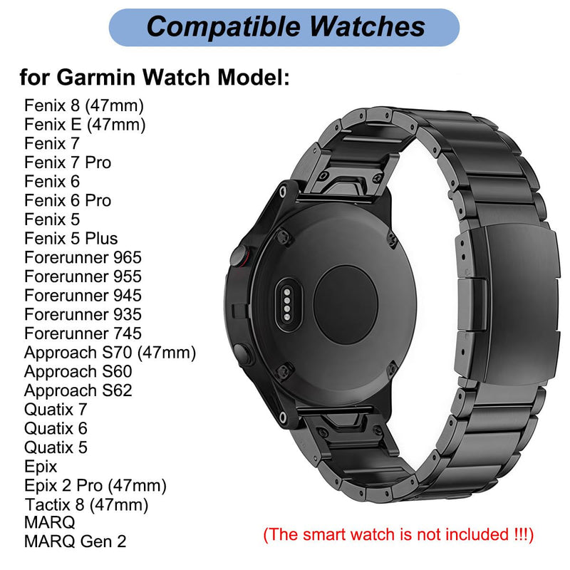 Titanium Bands for Garmin Fenix 8 (47mm)/7/6/5, Forerunner 965 955, Approach S60 S62, Quatix 7 6 5, Epix Pro 2 (47mm), MARQ Gen 2 | 22mm Quick Fit Watch Band Metal Strap for Garmin Watch Black