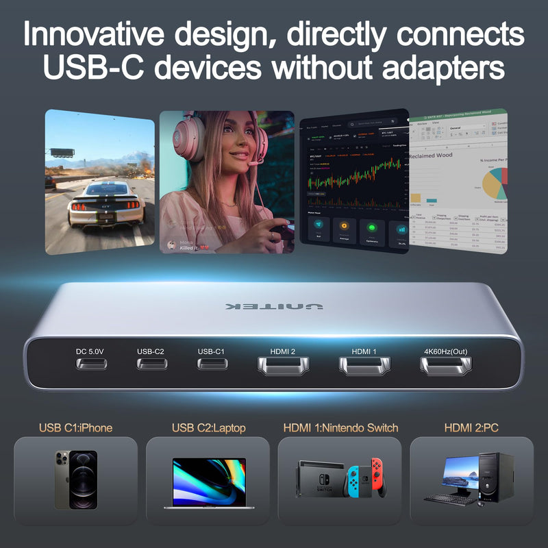 Unitek HDMI USB C Switch 4 Computers 1 Monitor with EDID | 4K@60Hz USB-C Switcher for Laptops PC PS5 Xbox Ipad Phone Tablet HDCP 2.3 HDR10+ Vedio, Quick Switch ,Plug and Play ,Gray