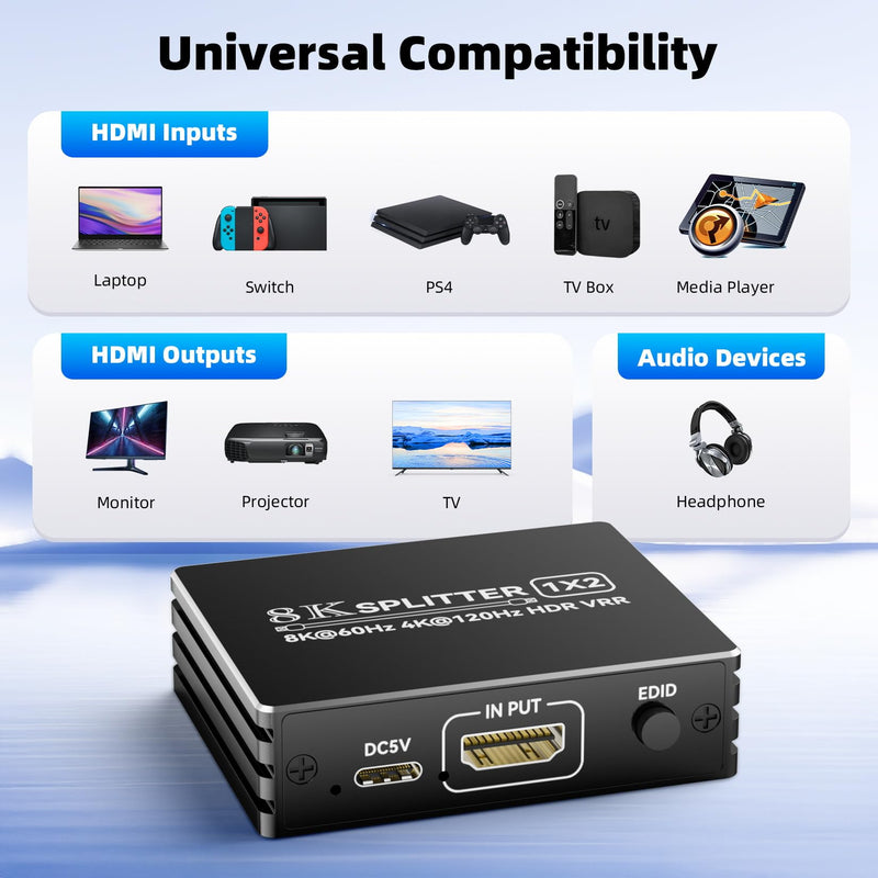 [AUSTRALIA] - HDMI 2.1 Splitter 1 in 2 Out 4K 120Hz with 8K HDMI Cable and Power Adapter, BolAAzuL 8K 60Hz 1x2 HDMI Y Splitter with Audio Out for Dual Monitors Duplicate, Support HDCP 2.3 HDR for PS5/Xbox/PC/TV Splitter + HDMI Cablex1 