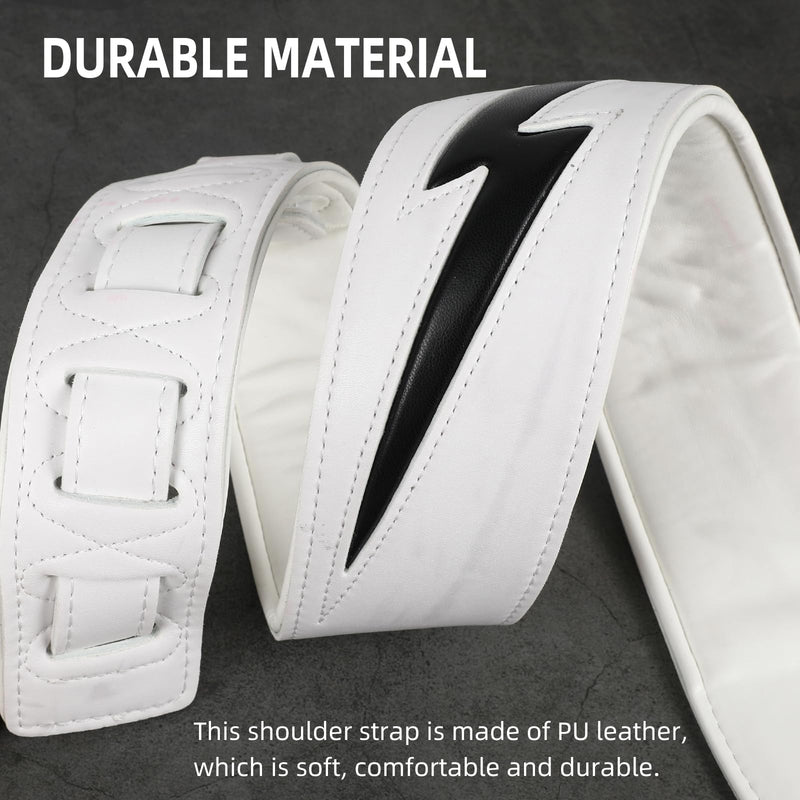 [AUSTRALIA] - Guitar Strap PU Leather, Anti-Slip, Classic, Adjustable Soft Leather Strap for Acoustic, Electric and Bass Guitars (White - Black lightning) 