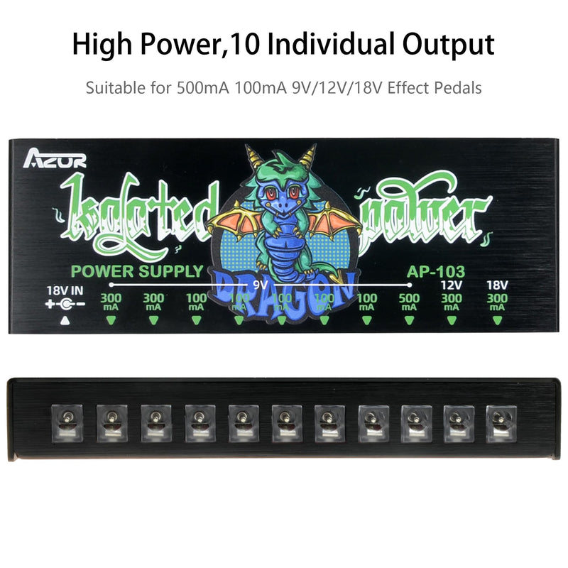 AZOR AP-103 Guitar Pedal Power Supply, True Isolated Pedalboard Power Supply with 10 Totally Isolated DC 9V/12V/18V Outputs(100mA/300mA/500mA), Noiselessly - Reliable Guitar Pedal Board Power Supply
