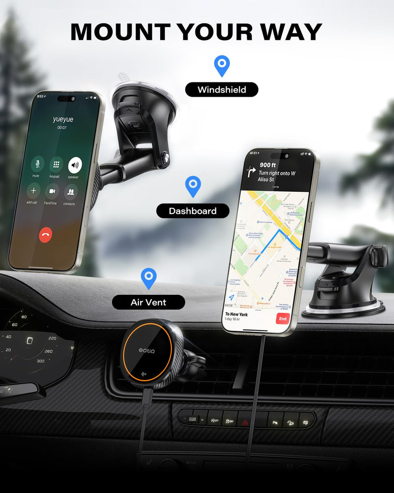 OQTIQ for Magnetic Car Mount Charger- QI2 15W Fast Wireless Charging | Strong Magnetic Grip, Built-in Cooling Fan, Suction Cup & Vent Mount [PD 30W Adaptor Included] Orange - QI2 15W Version