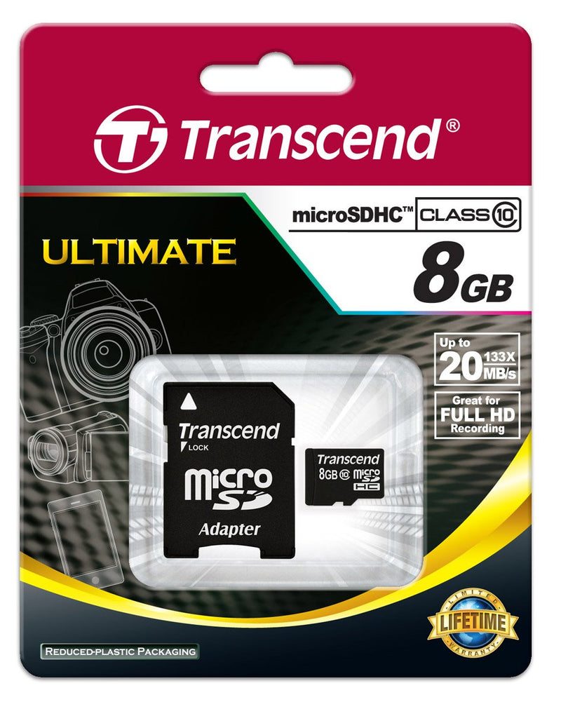 Transcend 8 GB Class 10 microSDHC Flash Memory Card TS8GUSDHC10 Standard Packaging