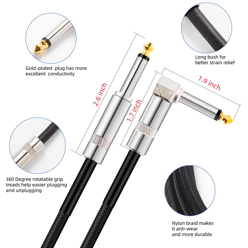2-Pack Guitar Cable, 10FT Instrument Cable Guitar Amp Cord, Noise Free and Long-Lasting Guitar Cord for Bass Guitar & Electric Guitar/Keyboard/Mandolin 1/4 Inch Cable Right Angle Black