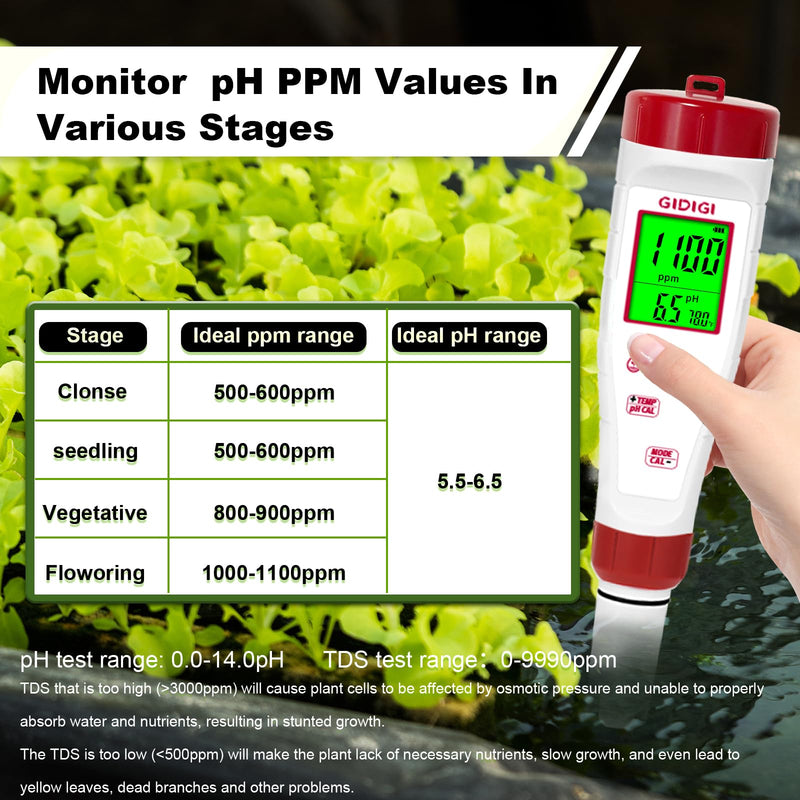 [AUSTRALIA] - pH Meter for Hydroponic Water,Digital EC ppm Tester for Nutrients,pH TDS Reader 4 in 1 with 1413 μs/cm Calibration Solution,High-Sensitivity Backlit Display for Drinking Water,DWC,Indoor Plants 4 in 1 pH Meter with Calibration Solution 