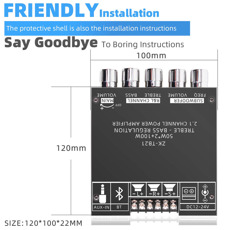 [AUSTRALIA] - 50W+50W+100W 2.1 Channel Subwoofer Amplifier Board with Treble and Bass Control, Dual TPA3116 Chip, DC 12-24V, Bluetooth and AUX Inputs, DIY Wireless Speakers AMP Board, Password Free (ZK-TB21) ZK-TB21(excluding power adapter) 