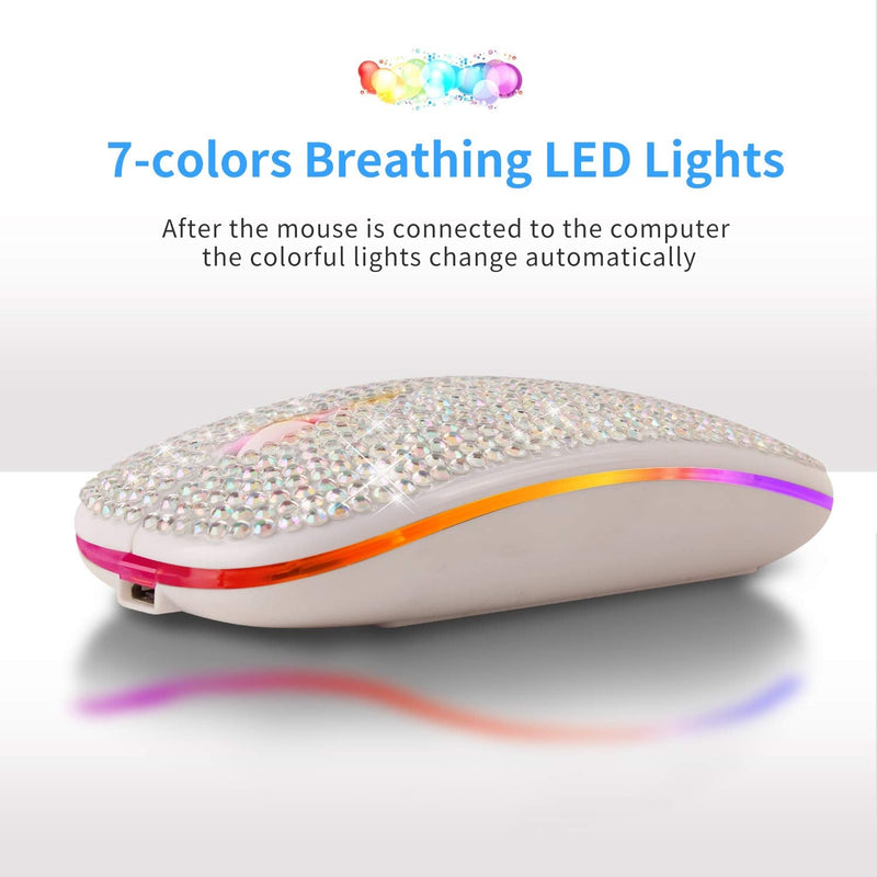 Bling Dazzling Rechargeable 2.4GHz+5.2 Bluetooth Wireless Mouse Covered with Crystal Diamond Rhinestone,RGB Backlit,Great Gift idea for Her (Silver) Silver