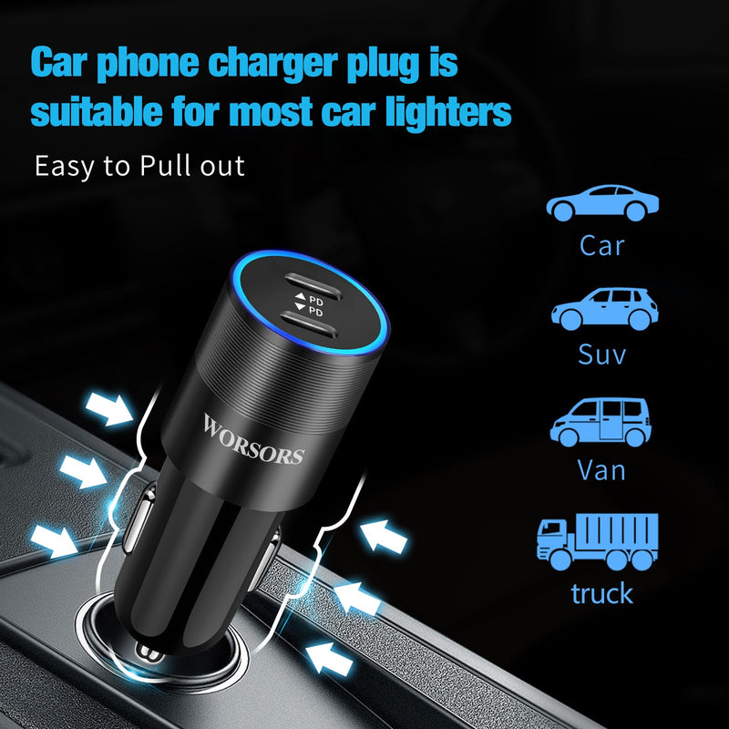 6 Pack 60W USB C Fast Car Charger 2-Port Adapter for iPhone/Android Phones | Dual 30W PD/PPS 12V Cigarette Lighter Bundle Charging for iPhone 17 16 15 14, iPad, Samsung Galaxy S26 S25, Google Pixel 10 9
