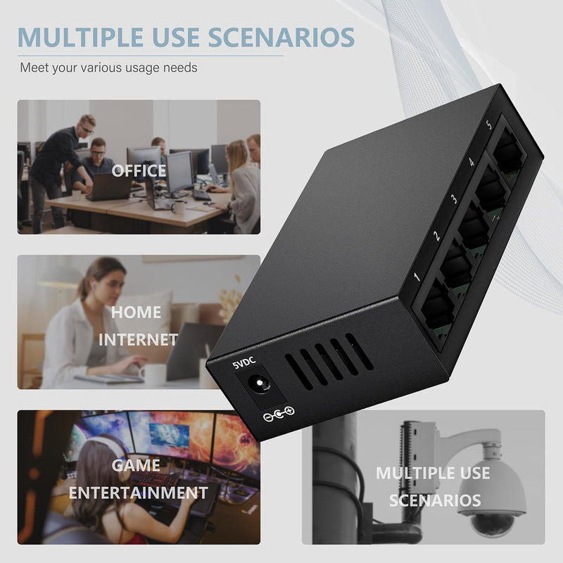 5-Port Gigabit Ethernet Switch, Unmanaged Home Network Switch Hub, Ethernet Splitter | Auto-Sensing Ports | Plug-and-Play | Silent Operation | Black Metal Case | Limited Lifetime Protection BLY-5GE