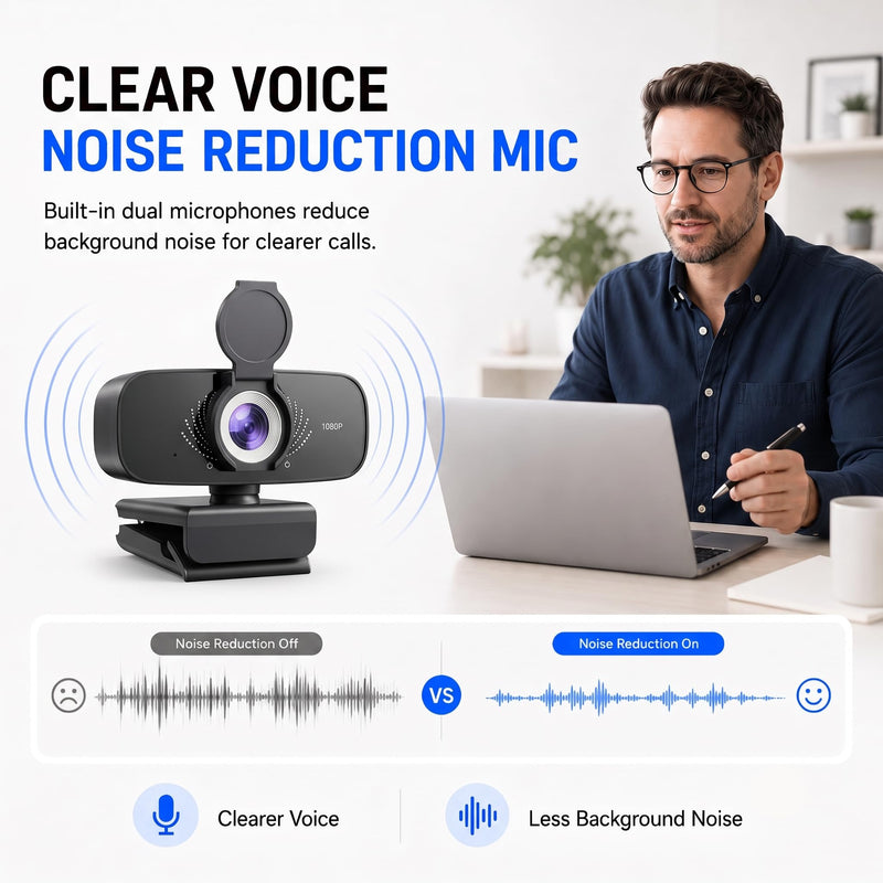 1080P Webcam with Microphone, Privacy Cover & USB-C Adapter | 105° FOV, Fixed Focus, Auto Light Correction, Plug & Play USB-A Camera with Tripod for Zoom, Teams, FaceTime and YouTube 1080p