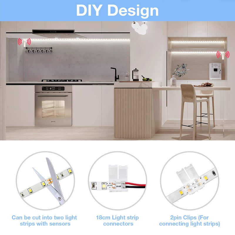 [AUSTRALIA] - WOBANE Dual Motion Sensor Stair Lights Strip, Rechargeable 16.4ft LED Strip Lighting,150 LEDs Cuttable Tape Light for Hallway,Under Cabinet,Cupboard,Shelves,Gun Safe,Flexible,6000K White 16.4ft White 